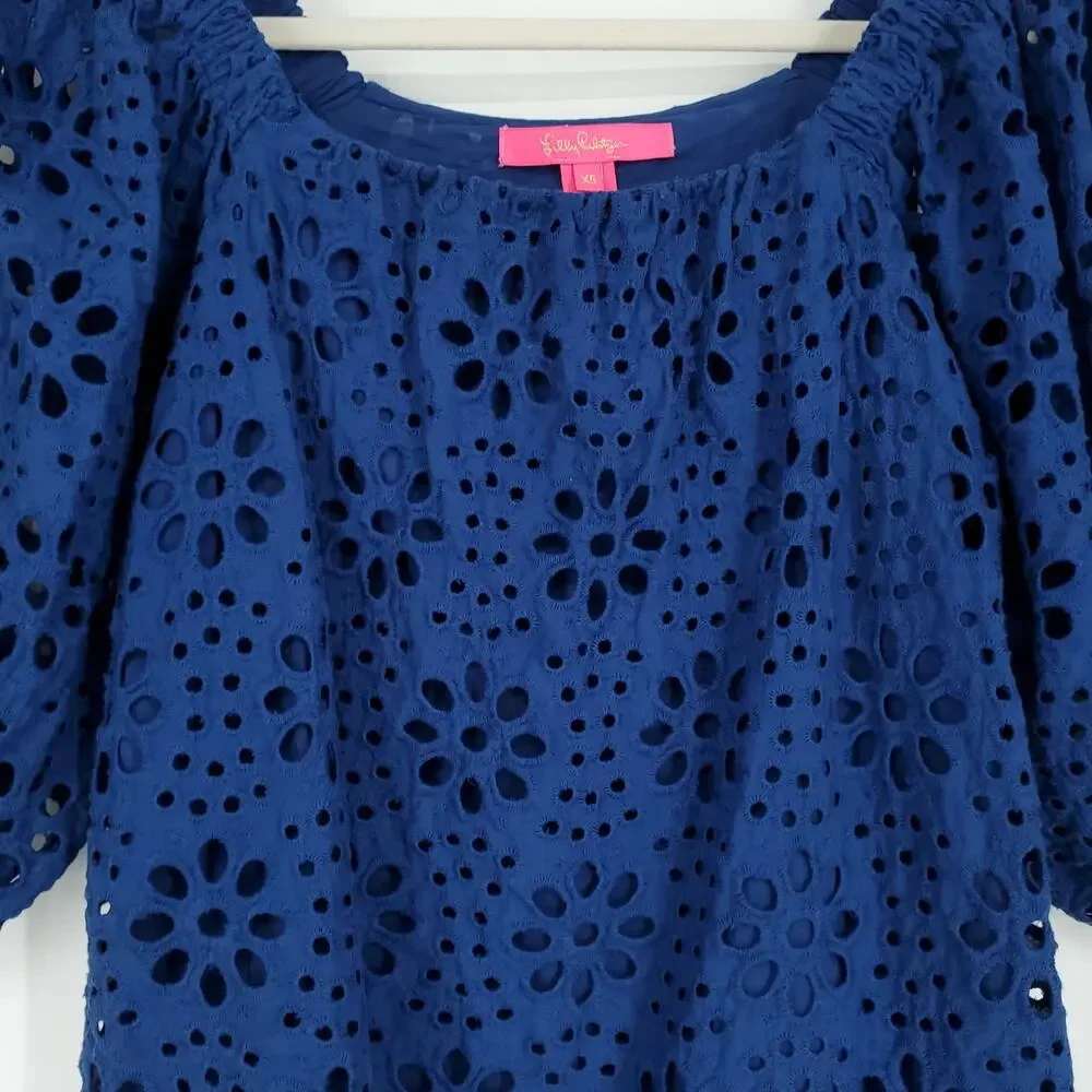 Lilly Pulitzer Kerrigan Elbow Sleeve Funflower Navy Eyelet Top Size XS